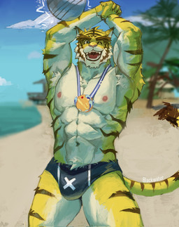 abs anthro arms_above_head beach black_clothing black_speedo black_swimwear brown_body brown_fur brown_stripes celebration clothed clothing countershade_arms countershade_face countershade_torso countershading dipstick_tail fur male markings medal multicolored_body multicolored_fur muscular muscular_anthro muscular_male navel nipples one_eye_closed open_mouth open_smile pecs pink_nipples pink_nose sharp_teeth smile solo speedo speedo_only striped_body striped_fur stripes swimwear tail tail_markings tan_body tan_countershading tan_fur teeth topless yellow_body yellow_fur black_water morenatsu torahiko_ooshima felid mammal pantherine tiger 2026 hi_res