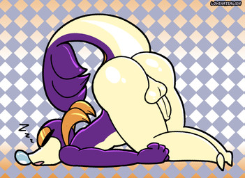 alternate_color anthro backsack balls big_butt biped butt eyes_closed foreskin genitals humanoid_genitalia humanoid_penis lying male multicolored_body nude on_front open_mouth pattern_background penis purple_body raised_tail rear_view simple_background sleep_bubble sleeping solo sound_effects tail tan_body thick_thighs two_tone_body unretracted_foreskin vowelless vowelless_sound_effect zzz karacuzzy nintendo pokemon fan_character grape_soda_(nya4) generation_5_pokemon pokemon_(species) snivy 2022 hi_res