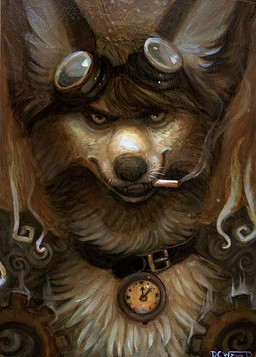 alternative_fashion ambiguous_gender anthro big_ears black_lips black_nose brown_hair cigarette clock cogwheel collar dark_body dark_fur eyewear fangs front_view fur gear glasses grin hair inner_ear_fluff lips long_mouth looking_at_viewer no_sclera short_hair smile smoke smoking snout solo steam steampunk teeth tuft watch whiskers white_body white_fur simul canid canine fox mammal bust_portrait painting_(artwork) portrait traditional_media_(artwork)