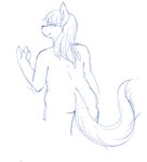 4_fingers anthro butt female fingers fur hair looking_at_viewer looking_back nude rear_view simple_background smile solo standing tail white_background unknown_artist mammal unknown_species hi_res monochrome sketch