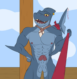 abs anthro balls blue_body blue_sky erection genitals jewelry leash leash_pull leashed_viewer looking_at_viewer male muscular necklace nipples pecs penis sharp_teeth sky solo teeth yellow_eyes admiralgus1897 dungeons_of_aether rivals_of_aether slade_(dungeons_of_aether) aquatic fish shark hi_res
