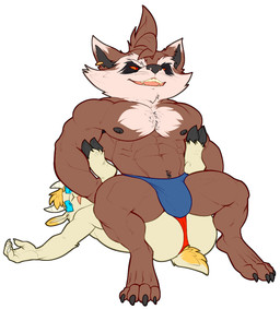 2_horns 4_fingers 4_toes abs anthro anthro_on_anthro anthro_on_bottom anthro_on_top areola barazoku between_legs biceps big_bulge big_muscles biped black_areola black_body black_claws black_fur black_hooves black_inner_ear black_nipples black_nose black_toe_claws blonde_eyebrows blonde_hair blue_clothing blue_underwear body_hair brown_body brown_fur brown_hair bulge butt claws clothed clothed_anthro clothed_male clothing countershade_face countershade_tail countershade_torso countershading deltoids dipstick_ears duo ear_markings ear_piercing ear_ring eyebrows eyes_closed eyewear facial_markings fangs feet finger_claws fingers fur glasses gums hair happy_trail head_markings hooves horn humanoid_hands interspecies legs_up looking_at_viewer lying male male/male male_anthro male_on_bottom male_on_top markings mask_(marking) monotone_background multicolored_body multicolored_ears multicolored_fur muscular muscular_anthro muscular_male navel nipples on_back on_bottom on_top open_mouth open_smile orange_eyes pecs piercing pink_mouth quads rectangular_glasses red_clothing red_sclera red_underwear ring_piercing serratus short_tail simple_background sitting_on_another smile smiling_at_viewer spread_legs spreading tail tan_body tan_countershading tan_fur teeth three-quarter_view toe_claws toes topless topless_anthro topless_male underwear underwear_only unguligrade wearing_glasses whiskers white_background white_body white_claws white_finger_claws white_fur white_horn yellow_body yellow_countershading yellow_fur bristol guardians_of_the_galaxy marvel marvel_rivals chiko_(bristol) rocket_raccoon bovid caprine goat mammal procyonid raccoon digital_drawing_(artwork) digital_media_(artwork) flat_colors hi_res