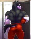 anthro armor back_muscles biceps big_muscles black_body black_fur blue_eyes bottomwear butt clothed clothing fur furgonomics gloves_(marking) headgear helmet holding_object inside locker locker_room looking_at_viewer looking_back male markings muscular muscular_anthro muscular_male pants purple_body purple_fur rear_view solo standing tail tail_clothing tight_clothing topless white_body white_fur dwalker sebastian_king canid canine canis domestic_dog husky mammal nordic_sled_dog spitz 4:5 absurd_res hi_res portrait three-quarter_portrait