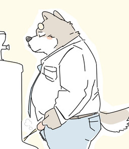 anthro belly blush bodily_fluids bottomwear clothing genital_fluids genitals kemono male necktie overweight overweight_male pants peeing penis shirt solo topwear urinal urine fugashi4090 canid canine canis domestic_dog mammal 2023