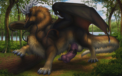 amber_eyes animal_genitalia animal_penis antlers balls black_body black_fur brown_body brown_fur claws equine_genitalia equine_penis feral flared_penis fur genitals gradient_fur grove horn lake light male multicolored_body multicolored_fur multicolored_penis penis plant raised_leg shadow sheath solo spots spotted_genitalia spotted_penis tail tan_body tan_fur tree whiskers wings wia mythology canowicakte_(westernfront) dragon mythological_creature mythological_scalie scalie 2026 colored hi_res lighting shaded