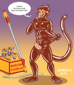 after_transformation anthro balls biped boots box brown_body clothing container cosplay costume costume_transformation dialogue feet footwear genitals glistening glistening_body gradient_background humanoid_genitalia humanoid_penis latex latex_clothing latex_skinsuit male male_anthro muscular penis prehensile_feet shoes simple_background skinsuit solo speech_bubble staff stretching suit_transformation text tight_clothing toes transformation zipper hornbuckle league_of_legends riot_games tencent wukong_(lol) animate_inanimate haplorhine latex_creature living_clothing mammal monkey primate english_text