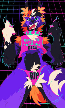anthro arm_tuft armpit_hair bared_teeth bedroom_eyes black_body black_fur body_hair cheek_tuft chest_tuft claws clothing collar crop_top ear_piercing ear_ring ear_tuft elbow_tuft facial_tuft fangs fur gesture green_sclera hair half-closed_eyes hand_gesture looking_at_viewer male middle_finger multicolored_body multicolored_fur multicolored_hair narrowed_eyes neon open_mouth open_smile panties pawpads paws piercing pink_pawpads profanity pubes pubes_exposed purple_body purple_fur ring_piercing seductive sharp_teeth shirt shoulder_tuft simple_background smile smirk smug smug_face smug_grin snarling solo sparklefur spiked_collar spikes standing synthwave teeth teeth_showing text text_on_clothing text_on_panties text_on_shirt text_on_topwear text_on_underwear tongue tongue_out topwear tuft underwear white_body white_fur conditional_dnp luckfoxo33ad canid canine canis fox mammal wolf 3:5 absurd_res english_text hi_res