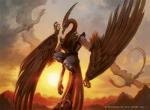 ambiguous_gender anthro armor beak brown_body brown_feathers claws clothing detailed_background feathered_wings feathers feral furgonomics greaves group head_crest orange_sky outside robe sky sunset tail wing_claws winged_arms wings wraps zack_stella hasbro magic:_the_gathering mythology wizards_of_the_coast aven avian bird dragon mythological_creature mythological_scalie scalie official_art