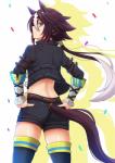 belt bottomwear brown_hair butt butt_pose clothed clothing female furgonomics hair hand_on_hip jacket legwear looking_back multicolored_hair ponytail pose rear_view shorts smile solo thigh_highs topwear white_hair kazenokaze cygames uma_musume_pretty_derby vodka_(pretty_derby) animal_humanoid equid equid_humanoid equine equine_humanoid humanoid mammal mammal_humanoid 2018 hi_res