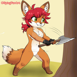 anthro axe barbie_doll_anatomy breasts brown_body brown_fur clothing featureless_breasts featureless_crotch female fluffy fluffy_tail fur gloves hair handwear lumberjack nude red_hair solo tail spicyfurart rena_wildfire canid canine fox mammal 1:1