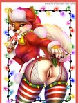 anthro anus breasts butt candy christmas_clothing christmas_headwear claws clitoris clothed clothing dessert female fluffy fluffy_tail food genitals hat headgear headwear holding_object holidays licking_object mistletoe open_mouth partially_clothed plant presenting presenting_anus presenting_hindquarters presenting_pussy pussy santa_hat simple_background solo tail teeth text tongue tongue_out yellow_eyes mifa christmas canid canine fox mammal 3:4 digital_media_(artwork) hi_res shaded url