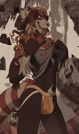 anthro bodily_fluids brown_body brown_fur bulge clothed clothing dreadlocks eyewear eyewear_on_head fangs fur hair jockstrap long_hair male open_mouth open_smile pattern_background pubes red_body red_fur shirt simple_background smile solo sunglasses sunglasses_on_head sweat sweatdrop tank_top teeth tongue tongue_out topwear underwear white_body white_fur terribleanimal ailurid equid equine horse hybrid mammal red_panda hi_res