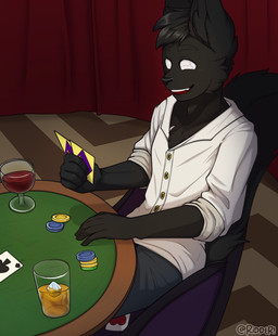 anthro black_body black_ears black_fur black_hair black_nose blue_bottomwear blue_clothing bottomwear card clothed clothing container cup drinking_glass empty_eyes fur glass glass_container glass_cup hair inside male male_anthro open_mouth open_smile playing_card poker poker_chip poker_table red_tongue short_hair sitting smile solo tongue topwear white_clothing white_topwear wine_glass riddlr canid canine mammal hi_res