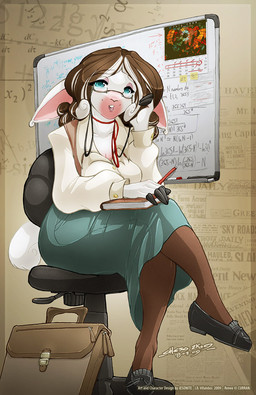 anthro biped blue_eyes book bottomwear briefcase brown_hair chair clothed clothing crossed_legs eyewear female furniture glasses hair looking_at_viewer math office_chair pen science sitting skirt solo teacher writing_utensil jesonite bovid caprine domestic_sheep mammal sheep