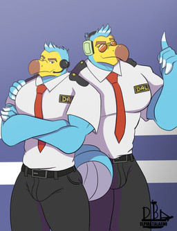anthro barazoku beak belt biped black_bottomwear black_clothing black_pants blue_body blue_feathers bottomwear bulge clothed clothed_anthro clothed_male clothing crossed_arms duo electronics eyewear feathers fingers front_view hand_on_shoulder headgear headphones headset humanoid_hands looking_at_viewer male male/male muscular muscular_anthro muscular_male muscular_on_muscular necktie pants pose red_necktie shirt side_hug simple_background smile smirk standing sunglasses text topwear white_clothing white_shirt white_topwear yellow_body elpiratalakshm1 animal_crossing dodo_airlines_(animal_crossing) nintendo orville_(animal_crossing) wilbur_(animal_crossing) avian bird columbid dodo recently_extinct_species 2020 absurd_res artist_name colored hi_res portrait shaded three-quarter_portrait brother_(lore) brothers_(lore) sibling_(lore)