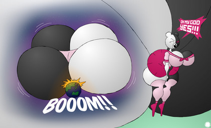 anthro asian_clothing astronomical_hyper bar_emanata big_breasts big_butt black_body bottomwear breasts bubble_butt butt butt_expansion clothing curvy_figure dialogue earth east_asian_clothing emanata expansion eyelashes facial_markings fangs female footwear head_markings huge_butt hyper hyper_butt japanese_clothing japanese_school_uniform legwear logo markings multicolored_body muzzle_(marking) onomatopoeia planet school_uniform serafuku shoes skirt socks solo sound_effects speech_bubble spherical_breasts teeth text thick_thighs thigh_highs thigh_socks thong two_tone_body underwear uniform white_body wide_hips thatdawgmurray danganronpa spike_chunsoft monokuma bear mammal aliasing artist_logo artist_name digital_media_(artwork) english_text hi_res signature busty_boy_(lore)