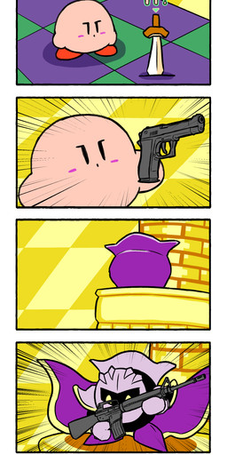 4_panel_comic ambiguous_gender assault_rifle biped black_body blush blush_stickers border bored cape checkered checkered_floor clothing directional_arrow duo gun handgun holding_gun holding_object holding_ranged_weapon holding_weapon humor inside male mask melee_weapon not_furry pink_body pistol ranged_weapon red_body rifle sword text weapon wearing_mask white_border yellow_eyes shibulio kirby's_adventure kirby_(series) nintendo kirby meta_knight waddling_head 2022 absurd_res comic digital_drawing_(artwork) digital_media_(artwork) english_description english_text hi_res meme
