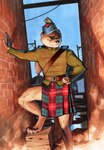 back_alley bottomwear chisholm_tartan city city_background clothing dutch_angle glengarry_cap hat headgear headwear kilt looking_aside looking_away male plaid shirt solo topwear urban dion_hamill mammal mustelid otter digital_media_(artwork) digital_painting_(artwork) hi_res portrait three-quarter_portrait