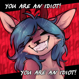 anthro deer_nose fangs_bared female horn sharp_teeth smile smiling_at_viewer smirk smirking_at_viewer solo teeth text turquoise_hair lonerdemiurge english_text hi_res portrait