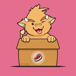 anthro black_outline box cardboard cardboard_box container eyebrows food front_view fur horn in_box in_container inside_box looking_at_viewer male meat one_eye_closed outline pink_background simple_background solo tail tan_body tan_fur thick_eyebrows tongue tongue_out wink winking_at_viewer littlehyper bovid bovine cattle mammal 1:1 hi_res