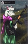 anthro clothing eyewear fluffy glasses gun horn machine_gun male pink_eyes ranged_weapon rifle robe scarf solo text vintage weapon 0l-fox-l0 deltarune undertale_(series) ralsei boss_monster_(undertale) bovid caprine goat mammal hi_res meme