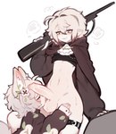 ambiguous_gender anthro ball_lick ball_worship balls blush blush_lines bodily_fluids bottomless breath cloak clothed clothing crop_top dress duo eyes_closed fluffy fluffy_hair foreskin garter_belt_legwear genital_fluids genitals gun hair hand_on_hip holding_gun holding_object holding_ranged_weapon holding_rifle holding_weapon humanoid_genitalia humanoid_penis humanoid_pointy_ears licking looking_at_another looking_pleasured male male/ambiguous navel oral penis pointy_ears precum ranged_weapon rifle saliva sex shirt sweat sweatdrop tongue topwear weapon wide_hips katsucoffee canid canine elf fox mammal