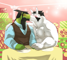 anthro anthro_on_anthro biceps black_hair black_nose blush chest_tuft clothed clothing cutlery date duo eyes_closed facial_markings fork fur furniture gift green_body green_skin hair happy head_markings horn kissing kitchen_utensils male male/male markings muscular muscular_male overweight paws plate romantic romantic_ambiance romantic_couple smile table tools topless tuft white_body white_fur kokukokuboo mythology drag_(character) langdon_marston canid canine canis domestic_dog dragon husky mammal mythological_creature mythological_scalie nordic_sled_dog reptile scalie spitz 2014 hi_res