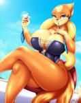 2017 anthro anthrofied beverage big_breasts blue_eyes breasts cigarette clothing corset crossed_legs female floatzel generation_4_pokemon holding_object huge_breasts lingerie looking_at_viewer mleonheart multi_tail nintendo pokemon pokemon_(species) pokemorph smile solo tail topwear
