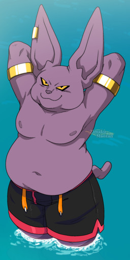 anthro areola armlet belly clothing gold_(metal) gold_jewelry hands_behind_head jewelry male navel nipples overweight overweight_male purple_body smile solo swimming_trunks swimwear water yellow_eyes zimakum dragon_ball dragon_ball_super champa felid feline mammal 1:2 hi_res