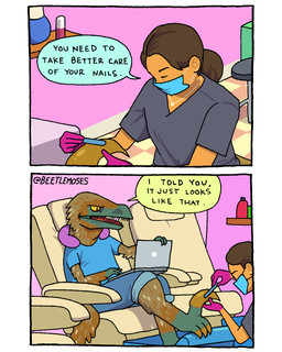 2_panel_comic ambiguous_gender claws computer dialogue duo electronics female fur hair humor jewelry laptop mask open_mouth sickle_claw sitting tail text toe_claws beetlemoses dinosaur dromaeosaurid human mammal prehistoric_species reptile saurischian scalie theropod 4:5 comic english_text hi_res