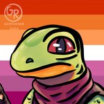 anthro female green_body lesbian_pride_colors lgbt_pride ninja orange_lesbian_pride_colors pride_color_background pride_colors red_eyes simple_background solo warrior garrus368 shizen_(garrus368) amphibian frog 1:1 hi_res