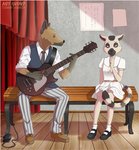 anthro bench brown_body brown_fur clothed clothing collared_shirt cord curtains dress dress_shirt duo electric_guitar eye_contact female fur furniture guitar guitar_pick holding_guitar holding_musical_instrument holding_object looking_at_another looking_at_partner male male/female musical_instrument necktie playing_guitar playing_music plucked_string_instrument romantic romantic_couple school_uniform shirt sitting string_instrument topwear uniform vest white_body white_fur tommysamash beastars kitsunezaru_(beastars) miguno_(beastars) hyena lemur mammal primate ring-tailed_lemur spotted_hyena strepsirrhine hi_res