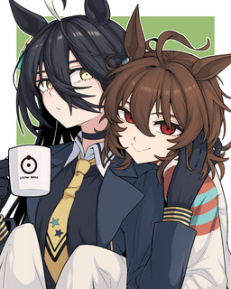 :> ahoge black_clothing black_ears black_gloves black_hair black_handwear black_jacket black_shirt black_topwear brown_ears brown_hair clothed clothed_female clothed_humanoid clothing coat container cup duo female gloves hair hair_between_eyes handwear holding_container holding_cup holding_mug holding_object hug hugging_another hugging_from_behind jacket long_sleeves mug necktie red_eyes shirt simple_background sleeves_past_fingers sleeves_past_wrists smile text topwear white_clothing white_coat white_topwear yellow_eyes yellow_necktie formicid_(artist) cygames uma_musume_pretty_derby agnes_tachyon_(pretty_derby) manhattan_cafe_(pretty_derby) animal_humanoid equid equid_humanoid equine equine_humanoid horse_humanoid humanoid mammal mammal_humanoid hi_res