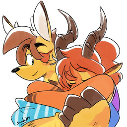 anthro big_hands brown_hair carrying_another eye_patch eyewear female fur green_eyes hair horn male orange_body red_hair sleeping smile yellow_body yellow_fur maxi_molina the_hayseed_knight ader_(the_hayseed_knight) sep_(the_hayseed_knight) antelope bovid deer gazelle mammal 1:1 hi_res