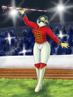 anthro boots bottomless breasts clothed clothing exhibitionism female footwear genitals marching marching_band_uniform no_underwear partially_clothed public shoes solo vulva fish_birb katie_(fish_birb) avian bird falcon falconid peregrine_falcon hi_res