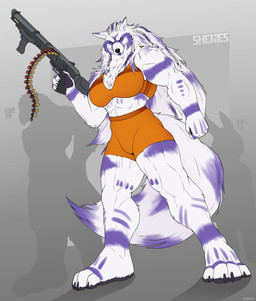 5_fingers anthro big_breasts biped breasts clothed clothing female fingers fur gun holding_gun holding_object holding_ranged_weapon holding_weapon muscular muscular_anthro muscular_female ranged_weapon solo tail weapon corrsk sheres canid canine canis mammal wolf hi_res