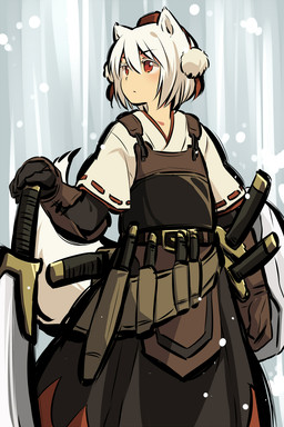 ambiguous_gender armor belt bob_cut clothed clothed_ambiguous clothed_humanoid clothing dagger hair hand_on_sword hat headgear headwear japanese_armor knife knife_sheath melee_weapon red_eyes scabbard sheathed_sword solo sword tokin_hat weapon white_ears white_hair wide_sleeves yudepii touhou momiji_inubashiri animal_humanoid canid canid_humanoid canine canine_humanoid humanoid mammal mammal_humanoid wolf_humanoid 2:3 hi_res female_(lore)