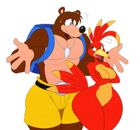 angry anthro anthrofied backpack beak big_butt black_nose blue_eyes bodily_fluids bottomwear breasts brown_body brown_fur butt clothed clothing curvy_figure duo eyelashes feathers featureless_breasts female fur green_eyes huge_butt huge_hips jewelry male male/female manly muscular muscular_male necklace non-mammal_breasts open_beak open_mouth pecs shorts simple_background sweat sweatdrop thick_thighs tongue topless voluptuous voluptuous_anthro voluptuous_female white_background wide_hips sssonic2 banjo-kazooie rareware banjo_(banjo-kazooie) kazooie avian bear bird breegull mammal 2018 digital_media_(artwork) hi_res