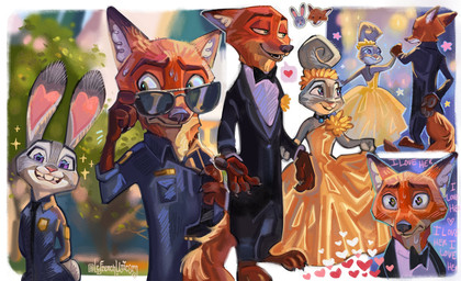 anthro black_tie_(suit) bodily_fluids bow_tie clothed clothing collar dancing duo ears_as_hair evening_gown eyewear female hair_bun_ears hand_holding hand_on_sunglasses hands_behind_back heart_(marking) heart_pupils heart_symbol love male markings multiple_outfits nervous police police_uniform pose posing_for_picture pulling_tie sparkles suit sunglasses sweat uniform lefrenchunicorn disney zootopia judy_hopps nick_wilde canid canine european_rabbit fox lagomorph leporid mammal oryctolagus rabbit red_fox true_fox digital_media_(artwork) digital_painting_(artwork) hi_res multiple_scenes painting_(artwork)