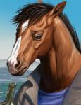 2018 anthro black_hair bojack_horseman bojack_horseman_(character) brown_body brown_eyes brown_fur bust_portrait clothed clothing detailed_background digital_media_(artwork) digital_painting_(artwork) equid equine front_view fully_clothed fur hair hibbary horse male mammal netflix portrait sky solo