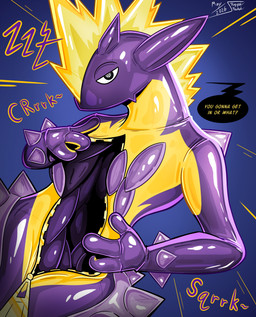 3_fingers bodysuit clothing fingers glistening glistening_body internal inviting latex latex_clothing latex_skinsuit purple_latex skinsuit squeaking tight_clothing yellow_latex riggedreded nintendo pokemon generation_8_pokemon living_latex pokemon_(species) toxtricity 2026 hi_res