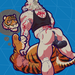 andromorph andromorph/male andromorph_penetrated anthro anus armpit_hair back_tattoo backsack balls big_balls bite biting_lip biting_own_lip body_hair bottomless clothed clothing duo fur genitals guiche_piercing intersex intersex/male intersex_penetrated legs_up lying male markings muscular muscular_male nipple_piercing nipples on_back orange_body orange_fur penetration penis piercing red_markings self_bite shirt shirt_only simple_background spread_legs spreading striped_body striped_fur stripes tank_top tank_top_only tattoo topwear topwear_only white_body white_fur yellow_eyes avalath_tiger epic_games fortnite fletcher_kane oscar_(fortnite) canid canine canis felid mammal pantherine tiger wolf 1:1 hi_res