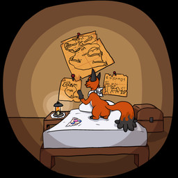 badge bed black_body black_ears black_fur black_kerchief black_tail candle chest_(container) feral fur furniture kerchief lamp map markings on_bed orange_body orange_fur orange_tail rear_view red_body red_fur red_tail solo tail tail_markings white_kerchief trooper3 nintendo pokemon pokemon_mystery_dungeon spike_chunsoft thistle_(trooper3) generation_8_pokemon nickit pokemon_(species) 1:1 hi_res