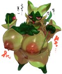 anthro areola big_breasts blush breasts felid feline female floragato fur generation_9_pokemon genitals green_body green_fur hi_res huge_breasts looking_at_viewer mammal nintendo nipples nude omikuro pokemon pokemon_(species) pussy simple_background smile solo tongue white_background