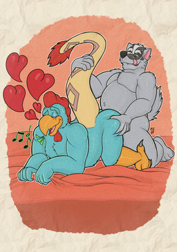 all_fours anal anal_penetration anthro anthro_on_anthro anthro_penetrated anthro_penetrating anthro_penetrating_anthro avian_caruncle beak bed belly bodily_fluids butt butt_grab comb_(anatomy) doggystyle duo eyes_closed from_behind_position furniture genitals grabbing_sheets half-closed_eyes hand_on_butt head_crest heart_symbol kneeling licking licking_lips looking_at_another looking_pleasured male male/male male_penetrated male_penetrating male_penetrating_male muscular muscular_anthro muscular_male musical_note musical_symbol narrowed_eyes nude overweight overweight_anthro overweight_male penetration penis profanity romantic romantic_couple sex sweat symbol tail tail_grab text tongue tongue_out dukeferret mythology bruce_(brucebadger) hauke avian badger mammal mustelid musteline mythological_basilisk mythological_creature mythological_scalie scalie 2023 absurd_res dithering english_text hi_res signature