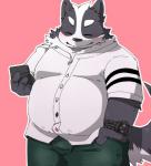 anthro blush bottomwear clothing electronics eyes_closed male overweight overweight_anthro overweight_male pants phone shirt simple_background solo topwear green_bell inakamichi canid canine canis domestic_dog mammal 2019