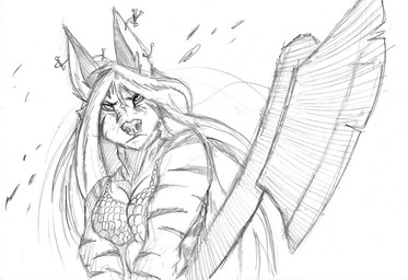 anthro armor axe barbarian chainmail female looking_at_viewer melee_weapon piercing solo tribal weapon umpherio sans_(sanssouci) gnoll hyena mammal monochrome
