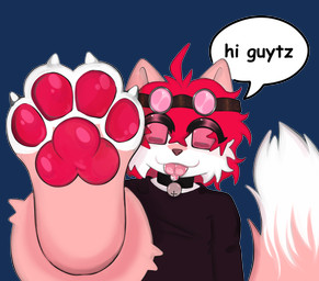 anthro bell bell_collar black_clothing black_sweater black_topwear clothing collar eyewear eyewear_on_head feet femboy foot_focus fur goggles goggles_on_head hair male pawpads paws pink_body pink_fur red_hair red_pawpads simple_background solo sweater topwear transparent_background white_body white_fur dingolingus skye_(sherb_art) felid feline mammal absurd_res alpha_channel hi_res meme