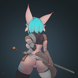 anthro anus arm_tuft armor blue_vulva bottomless bottomless_female butt clothed clothing female fuzzy_tail genitals legwear melee_weapon no_underwear nude pantsless rear_view shoulder_tuft solo sword thigh_highs tuft vulva warrior weapon sibi_the_messtress lara_(sibi_the_messtress) domestic_cat felid feline felis maine_coon mammal 1:1 absurd_res hi_res