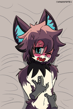 4_fingers ahegao anthro arm_tuft bed big_ears black_ear_tips black_neck blue_eyes blue_inner_ear blue_inner_ear_fluff blue_nose blush blush_lines bodily_fluids brown_body brown_ears brown_hair brown_markings convenient_censorship dipstick_ears disembodied_hand distressed drooling duo ear_markings embarrassed eyebrows eyelashes femboy fingers first_person_view fluffy fluffy_chest furniture grey_hands grope groping_belly hair hands_behind_back head_tuft inner_ear_fluff long_hair looking_at_viewer looking_pleasured lying male markings mattress messy_hair multicolored_body multicolored_ears navel neck_tuft on_back on_bed one_eye_closed petting pupils raised_eyebrow red_blush saliva saliva_string shoulder_tuft simple_background slit_pupils solo_focus suggestive_look suggestive_pose sweat sweating_profusely text tuft two_tone_body white_body white_sclera wingsprite qatto_(qin) domestic_cat felid feline felis mammal 2025 artist_name digital_drawing_(artwork) digital_media_(artwork) portrait shaded watermark